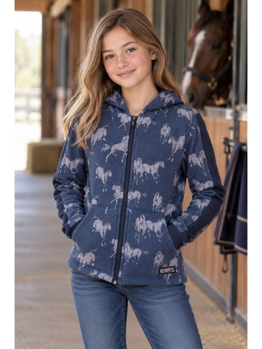 Kerrits Kids Horse Sense Fleece Hoodie, featuring an all-over blue horse Size M